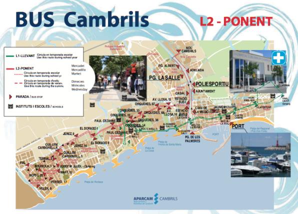 Mapa con las paradas del bus urbano de verano en Cambrils. 2013